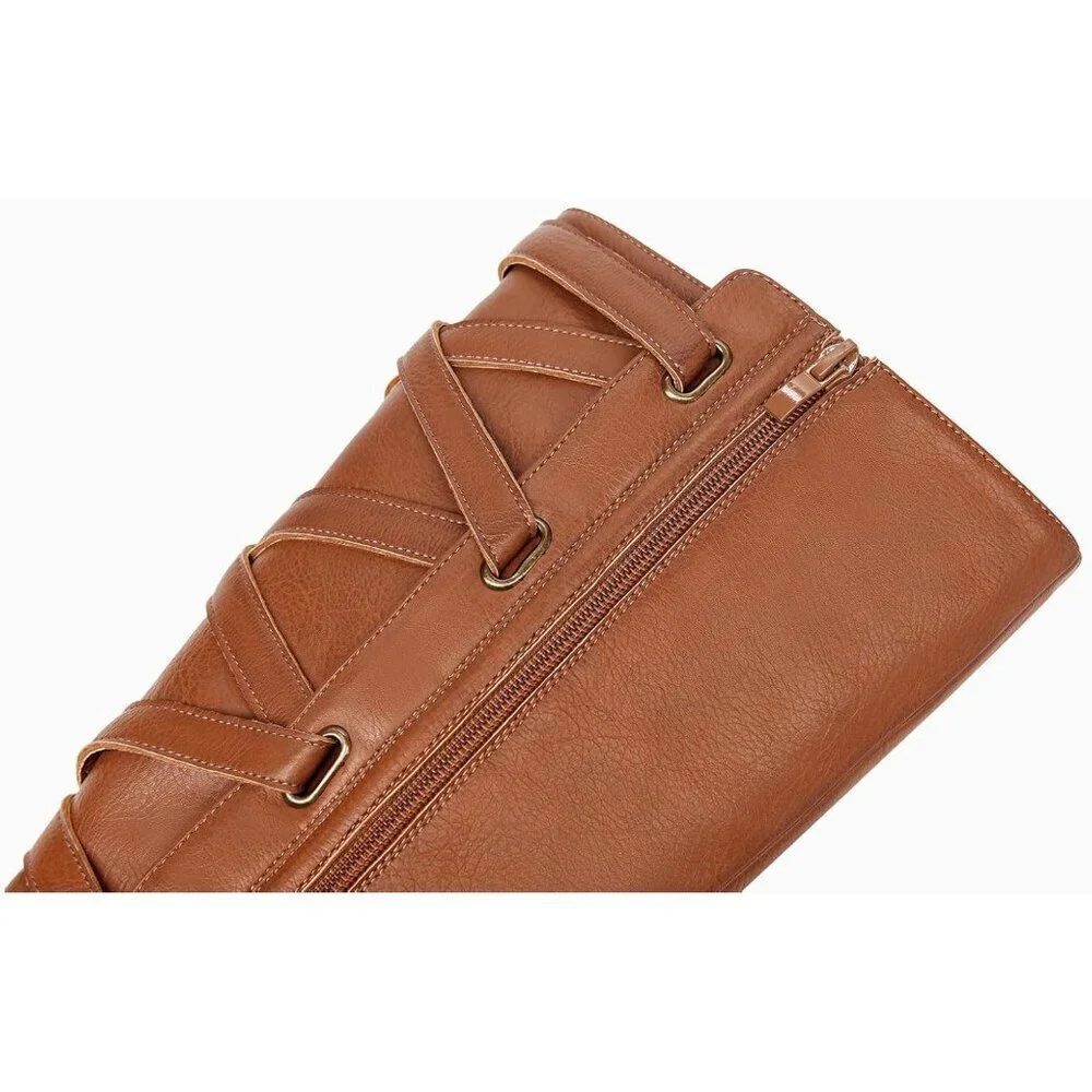 Womens Faux Leather Light Brown Strappy Motorcycle Knee High Riding Lace Up Boot